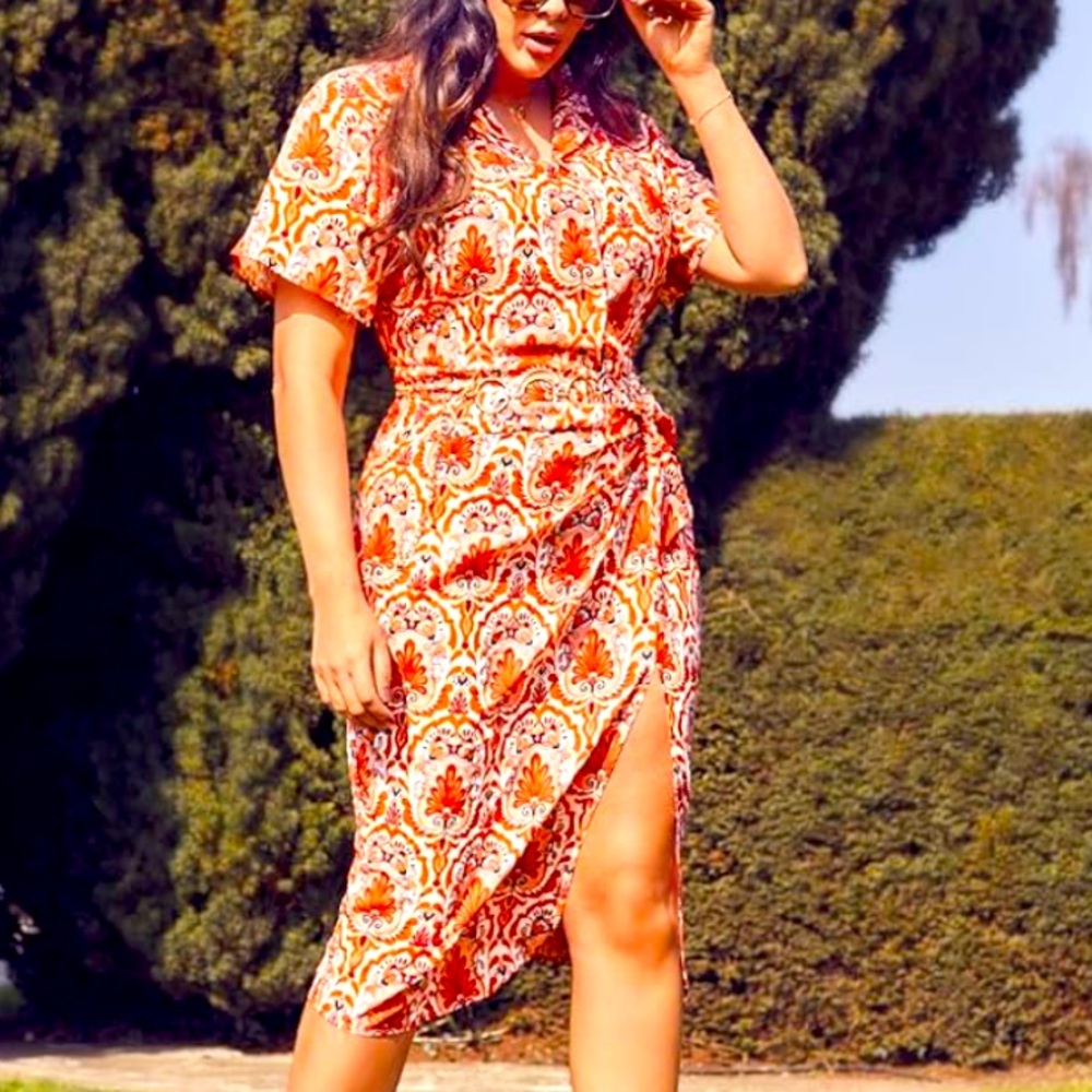 Colorful orange twist front button down NWT dress